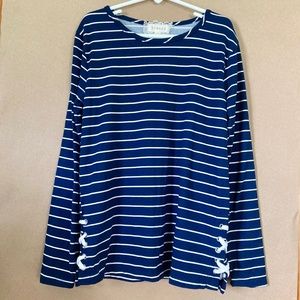 Girls size 8 Btween navy blue and white striped long sleeved top with